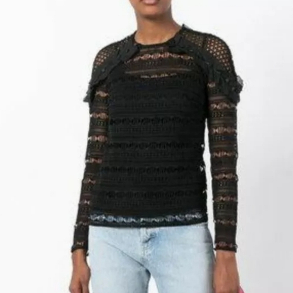 Nightcap Clothing Soft Lace-Inset Shoulder Ruffles Long-Sleeve Blouse